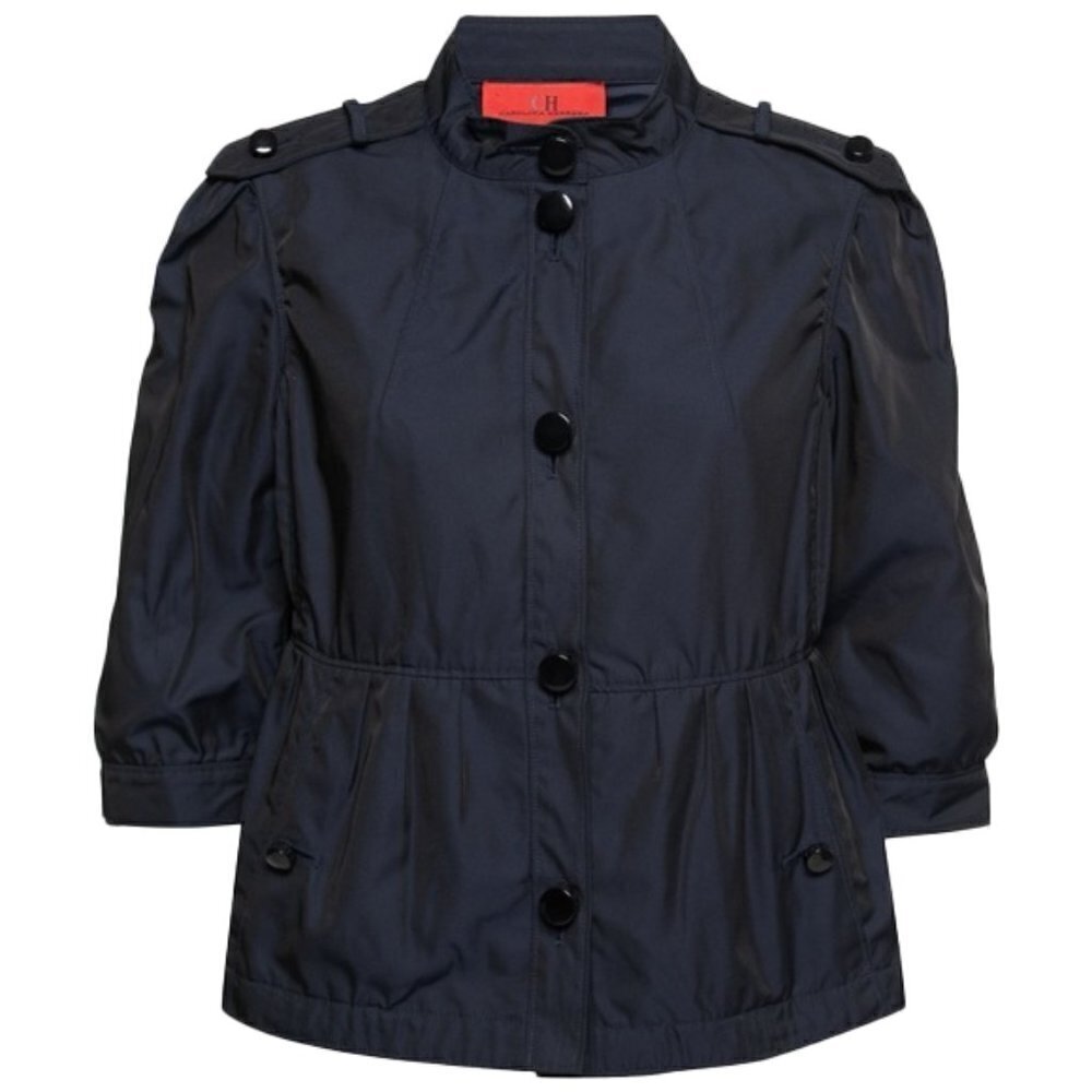 🆕 CH CAROLINA HERRERA CH Navy Blue Synthetic Cropped-Sleeve Peplum Coat Size XS
